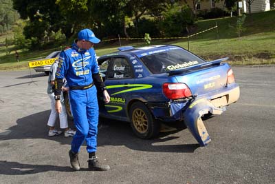 1;050605ARC;4-June-2005;ARC;Australia;Australian-Rally-Championship;Coates-Rally-Queensland;Dale-Moscatt;Imbil;QLD;Queensland;Subaru-Impreza-WRX;Sunshine-Coast;auto;co‒driver;damage;motorsport;navigator;racing