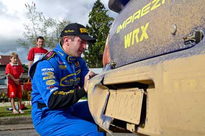 1;050605ARC;4-June-2005;ARC;Australia;Australian-Rally-Championship;Coates-Rally-Queensland;Cody-Crocker;Imbil;QLD;Queensland;Subaru-Impreza-WRX;Sunshine-Coast;auto;damage;motorsport;portrait;racing;repair