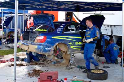 2;050605ARC;4-June-2005;ARC;Australia;Australian-Rally-Championship;Bill-Hayes;Coates-Rally-Queensland;Dean-Herridge;Imbil;QLD;Queensland;Subaru-Impreza-WRX;Sunshine-Coast;auto;motorsport;racing;service-park;wide-angle