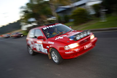 31;050605ARC;4-June-2005;ARC;Australia;Australian-Rally-Championship;Baleno;Cameron-Thompson;Coates-Rally-Queensland;Imbil;Mark-Neary;QLD;Queensland;Sunshine-Coast;Suzuki;auto;motion-blur;motorsport;movement;racing;wide-angle