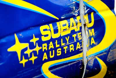 3;5-June-2005;ARC;Australia;Australian-Rally-Championship;Coates-Rally-Queensland;Imbil;Juha-Kangas;Julia-Rabbett;QLD;Queensland;Subaru;Sunshine-Coast;Topshot;auto;close‒up;damage;dent;detail;logo;motorsport;racing