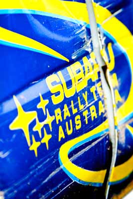 050605ARC;5-June-2005;ARC;Australia;Australian-Rally-Championship;Coates-Rally-Queensland;Imbil;QLD;Queensland;Subaru;Sunshine-Coast;auto;close‒up;damage;dent;detail;logo;motorsport;racing