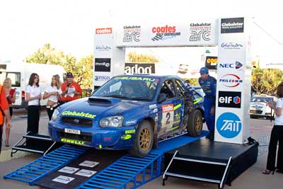 2;050605ARC;5-June-2005;ARC;Australia;Australian-Rally-Championship;Bill-Hayes;Caloundra;Coates-Rally-Queensland;Dean-Herridge;QLD;Queensland;Subaru-Impreza-WRX;Sunshine-Coast;afternoon;auto;motorsport;official-finish;podium;racing