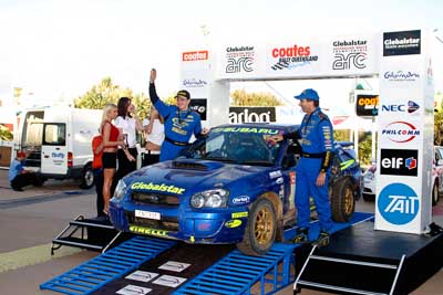 2;050605ARC;5-June-2005;ARC;Australia;Australian-Rally-Championship;Bill-Hayes;Caloundra;Coates-Rally-Queensland;Dean-Herridge;QLD;Queensland;Subaru-Impreza-WRX;Sunshine-Coast;afternoon;auto;motorsport;official-finish;podium;racing