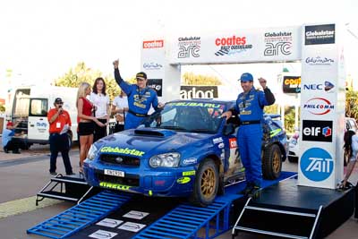 2;050605ARC;5-June-2005;ARC;Australia;Australian-Rally-Championship;Bill-Hayes;Caloundra;Coates-Rally-Queensland;Dean-Herridge;QLD;Queensland;Subaru-Impreza-WRX;Sunshine-Coast;afternoon;auto;motorsport;official-finish;podium;racing