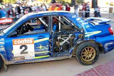 2;050605ARC;5-June-2005;ARC;Australia;Australian-Rally-Championship;Bill-Hayes;Caloundra;Coates-Rally-Queensland;Dean-Herridge;QLD;Queensland;Subaru-Impreza-WRX;Sunshine-Coast;afternoon;auto;crash;damage;motorsport;official-finish;podium;racing