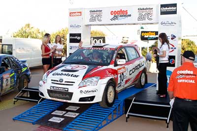 10;050605ARC;5-June-2005;ARC;Australia;Australian-Rally-Championship;Caloundra;Coates-Rally-Queensland;QLD;Queensland;Simon-Evans;Sunshine-Coast;Team-TRD;Toyota-Corolla-Sportivo;Toyota-Racing-Development;afternoon;auto;motorsport;official-finish;podium;racing