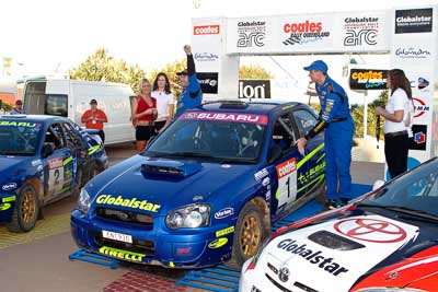 1;050605ARC;5-June-2005;ARC;Australia;Australian-Rally-Championship;Caloundra;Coates-Rally-Queensland;Cody-Crocker;Dale-Moscatt;QLD;Queensland;Subaru-Impreza-WRX;Sunshine-Coast;afternoon;auto;motorsport;official-finish;podium;racing