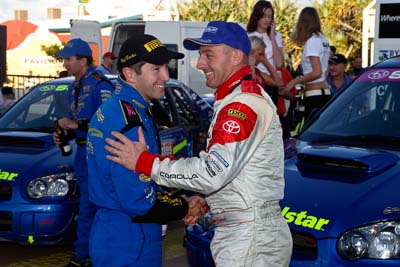 050605ARC;5-June-2005;ARC;Australia;Australian-Rally-Championship;Caloundra;Coates-Rally-Queensland;Cody-Crocker;QLD;Queensland;Simon-Evans;Sunshine-Coast;afternoon;auto;motorsport;official-finish;podium;racing