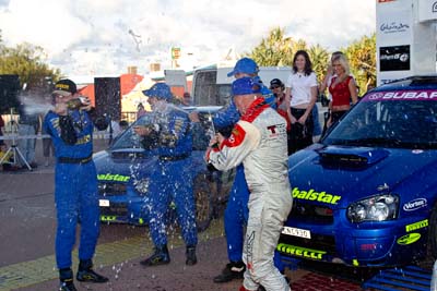 050605ARC;5-June-2005;ARC;Australia;Australian-Rally-Championship;Bill-Hayes;Caloundra;Coates-Rally-Queensland;Cody-Crocker;Dale-Moscatt;Dean-Herridge;QLD;Queensland;Simon-Evans;Sunshine-Coast;afternoon;auto;motorsport;official-finish;podium;racing