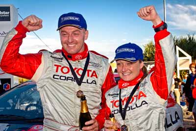 5-June-2005;ARC;Australia;Australian-Rally-Championship;Caloundra;Coates-Rally-Queensland;QLD;Queensland;Simon-Evans;Sue-Evans;Sunshine-Coast;Topshot;afternoon;auto;motorsport;official-finish;podium;portrait;racing