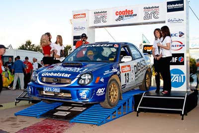 13;050605ARC;5-June-2005;ARC;Australia;Australian-Rally-Championship;Brad-Goldsbrough;Caloundra;Coates-Rally-Queensland;Paul-Humm;QLD;Queensland;Subaru-Impreza-WRX-STI;Sunshine-Coast;afternoon;auto;motorsport;official-finish;podium;racing