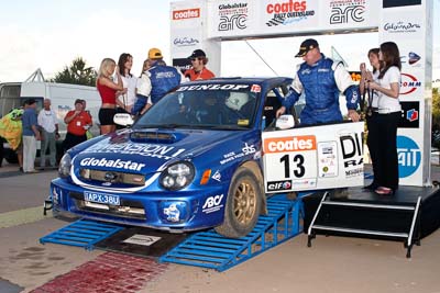 13;050605ARC;5-June-2005;ARC;Australia;Australian-Rally-Championship;Brad-Goldsbrough;Caloundra;Coates-Rally-Queensland;Paul-Humm;QLD;Queensland;Subaru-Impreza-WRX-STI;Sunshine-Coast;afternoon;auto;motorsport;official-finish;podium;racing