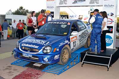 13;050605ARC;5-June-2005;ARC;Australia;Australian-Rally-Championship;Brad-Goldsbrough;Caloundra;Coates-Rally-Queensland;Paul-Humm;QLD;Queensland;Subaru-Impreza-WRX-STI;Sunshine-Coast;afternoon;auto;motorsport;official-finish;podium;racing