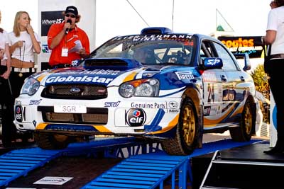 24;050605ARC;5-June-2005;ARC;Australia;Australian-Rally-Championship;Bernie-Webb;Caloundra;Coates-Rally-Queensland;QLD;Queensland;Steve-Glenney;Subaru-Impreza-WRX;Sunshine-Coast;afternoon;auto;motorsport;official-finish;podium;racing