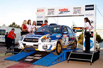 24;050605ARC;5-June-2005;ARC;Australia;Australian-Rally-Championship;Bernie-Webb;Caloundra;Coates-Rally-Queensland;QLD;Queensland;Steve-Glenney;Subaru-Impreza-WRX;Sunshine-Coast;afternoon;auto;motorsport;official-finish;podium;racing