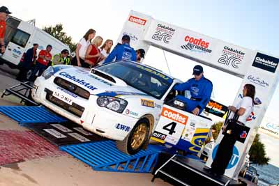 4;050605ARC;5-June-2005;ARC;Australia;Australian-Rally-Championship;Ben-Searcy;Benni-Tirant;Caloundra;Coates-Rally-Queensland;QLD;Queensland;Subaru-Impreza-WRX-STI;Sunshine-Coast;afternoon;auto;motorsport;official-finish;podium;racing