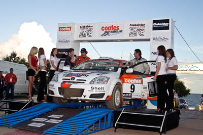 9;050605ARC;5-June-2005;ARC;Australia;Australian-Rally-Championship;Caloundra;Coates-Rally-Queensland;Martin-Lintott;QLD;Queensland;Sunshine-Coast;Tony-Jackson;Toyota-Corolla-Sportivo;afternoon;auto;motorsport;official-finish;podium;racing