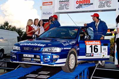 16;050605ARC;5-June-2005;ARC;Australia;Australian-Rally-Championship;Caloundra;Coates-Rally-Queensland;Darian-Pizem;John-Murray-Jnr;QLD;Queensland;Subaru-Impreza-WRX;Sunshine-Coast;afternoon;auto;motorsport;official-finish;podium;racing