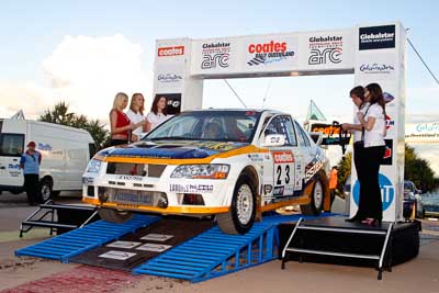 23;050605ARC;5-June-2005;ARC;Australia;Australian-Rally-Championship;Caloundra;Coates-Rally-Queensland;David-Callaghan;David-Hills;Evo-7;Mitsubishi-Lancer;Mitsubishi-Lancer-Evolution-VII;QLD;Queensland;Sunshine-Coast;afternoon;auto;motorsport;official-finish;podium;racing