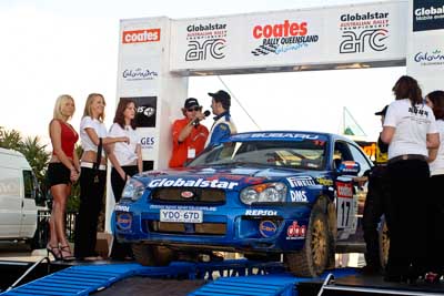 17;050605ARC;5-June-2005;ARC;Australia;Australian-Rally-Championship;Caloundra;Coates-Rally-Queensland;QLD;Queensland;Subaru-Impreza-RS;Sunshine-Coast;Toni-Feaver;Will-Orders;afternoon;auto;motorsport;official-finish;podium;racing