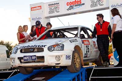 26;050605ARC;5-June-2005;ARC;Australia;Australian-Rally-Championship;Caloundra;Coates-Rally-Queensland;Eli-Evans;Matt-McAdam;QLD;Queensland;Subaru-Impreza-RS;Sunshine-Coast;afternoon;auto;motorsport;official-finish;podium;racing