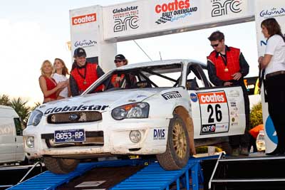 26;050605ARC;5-June-2005;ARC;Australia;Australian-Rally-Championship;Caloundra;Coates-Rally-Queensland;Eli-Evans;Matt-McAdam;QLD;Queensland;Subaru-Impreza-RS;Sunshine-Coast;afternoon;auto;motorsport;official-finish;podium;racing