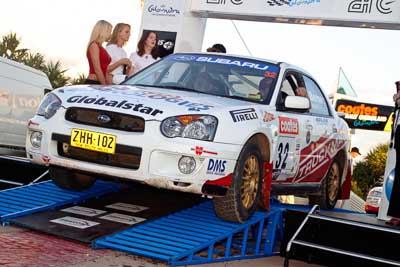 32;050605ARC;5-June-2005;ARC;Australia;Australian-Rally-Championship;Caloundra;Coates-Rally-Queensland;John-Berne;QLD;Queensland;Scott-Beckwith;Subaru-Impreza-RS;Sunshine-Coast;afternoon;auto;motorsport;official-finish;podium;racing