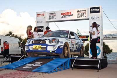 36;050605ARC;5-June-2005;ARC;Australia;Australian-Rally-Championship;Caloundra;Coates-Rally-Queensland;Jennifer-Cole;QLD;Queensland;Subaru-Impreza-RS;Sunshine-Coast;Tim-Robson;afternoon;auto;motorsport;official-finish;podium;racing