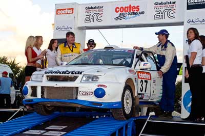 37;050605ARC;5-June-2005;Australia;Caloundra;Coates-Rally-Queensland;Evo-6;Mitsubishi-Lancer;Mitsubishi-Lancer-Evolution-VI;QLD;Queensland;Steven-Shepheard;Sunshine-Coast;Tom-Smith;afternoon;auto;motorsport;official-finish;podium;racing