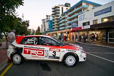 3;16-June-2006;ARC;Australia;Australian-Rally-Championship;Coral-Taylor;Mooloolaba;Neal-Bates;QLD;Queensland;Sunshine-Coast;Team-TRD;Toyota-Corolla-Sportivo;atmosphere;auto;ceremonial-start;motorsport;movement;racing;speed;twilight;wide-angle