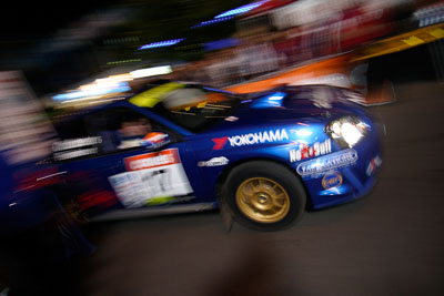 17;16-June-2006;ARC;Australia;Australian-Rally-Championship;Mooloolaba;QLD;Queensland;Subaru-Impreza-WRX;Sunshine-Coast;Toni-Feaver;Will-Orders;auto;ceremonial-start;motorsport;movement;night;racing;speed;wide-angle