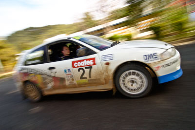 27;18-June-2006;ARC;Australia;Australian-Rally-Championship;Imbil;Ken-Garrioch;Leigh-Garrioch;Mitsubishi-Mirage;QLD;Queensland;Sunshine-Coast;auto;motorsport;movement;racing;service-park;speed;wide-angle