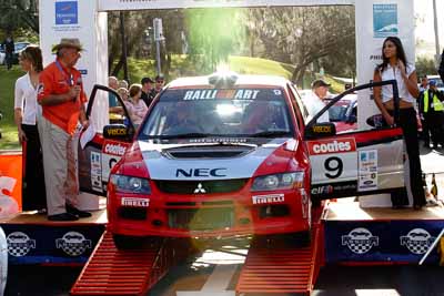 9;18-June-2006;ARC;Australia;Australian-Rally-Championship;Evo-9;Glen-Weston;Mitsubishi-Lancer;Mitsubishi-Lancer-Evolution-IX;Mitsubishi-Team-RalliArt;Mooloolaba;QLD;Queensland;Scott-Pedder;Sunshine-Coast;auto;ceremonial-finish;motorsport;racing;telephoto