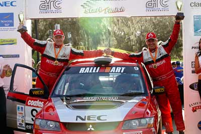 9;18-June-2006;ARC;Australia;Australian-Rally-Championship;Evo-9;Glen-Weston;Mitsubishi-Lancer;Mitsubishi-Lancer-Evolution-IX;Mitsubishi-Team-RalliArt;Mooloolaba;QLD;Queensland;Scott-Pedder;Sunshine-Coast;auto;ceremonial-finish;motorsport;racing;telephoto