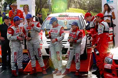 18-June-2006;ARC;Australia;Australian-Rally-Championship;Coral-Taylor;Glen-Weston;Mooloolaba;Neal-Bates;QLD;Queensland;Scott-Pedder;Simon-Evans;Sue-Evans;Sunshine-Coast;atmosphere;auto;ceremonial-finish;motorsport;podium;racing;telephoto