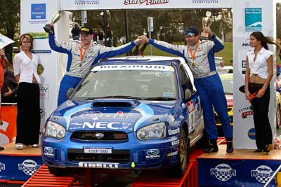 2;18-June-2006;ARC;Australia;Australian-Rally-Championship;Bill-Hayes;Dean-Herridge;Maximum-Motorsport;Mooloolaba;QLD;Queensland;Subaru-Impreza-WRX;Sunshine-Coast;atmosphere;auto;ceremonial-finish;motorsport;podium;racing;telephoto