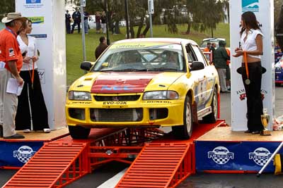 5;18-June-2006;ARC;Australia;Australian-Rally-Championship;Dale-Moscatt;Evo-3;Kelvin-Croker;Mitsubishi-Lancer;Mitsubishi-Lancer-Evolution-III;Mooloolaba;QLD;Queensland;Sunshine-Coast;auto;ceremonial-finish;motorsport;racing;telephoto