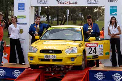 24;18-June-2006;ARC;Australia;Australian-Rally-Championship;Cameron-Crevola;John-Goasdoue;Mooloolaba;QLD;Queensland;Subaru-Impreza-RS;Sunshine-Coast;atmosphere;auto;ceremonial-finish;motorsport;podium;racing;telephoto