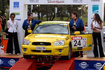 24;18-June-2006;ARC;Australia;Australian-Rally-Championship;Cameron-Crevola;John-Goasdoue;Mooloolaba;QLD;Queensland;Subaru-Impreza-RS;Sunshine-Coast;atmosphere;auto;ceremonial-finish;motorsport;podium;racing;telephoto