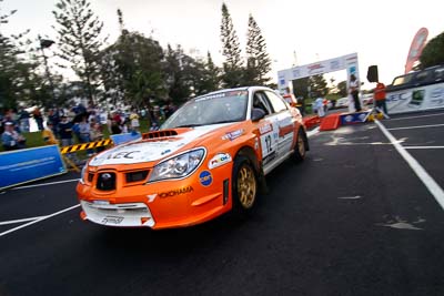 12;18-June-2006;ARC;Australia;Australian-Rally-Championship;Darren-Windus;Jonathon-Mortimer;Mooloolaba;QLD;Queensland;Subaru-Impreza-WRX;Sunshine-Coast;atmosphere;auto;ceremonial-finish;motorsport;movement;racing;speed;wide-angle