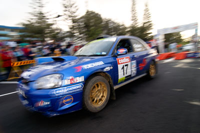 17;18-June-2006;ARC;Australia;Australian-Rally-Championship;Mooloolaba;QLD;Queensland;Subaru-Impreza-WRX;Sunshine-Coast;Toni-Feaver;Will-Orders;atmosphere;auto;ceremonial-finish;motorsport;movement;racing;speed;wide-angle