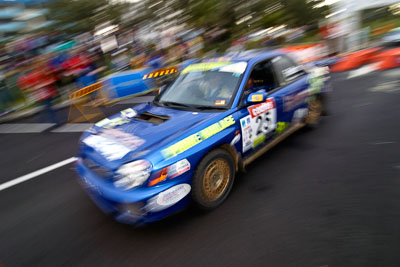 25;18-June-2006;ARC;Australia;Australian-Rally-Championship;Bruce-Fullerton;Hugh-Reardon‒Smith;Mooloolaba;QLD;QRC;Queensland;Queensland-Rally-Championship;Subaru-Impreza-WRX;Sunshine-Coast;atmosphere;auto;ceremonial-finish;motorsport;movement;racing;speed;wide-angle