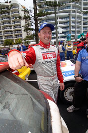 18-June-2006;ARC;Australia;Australian-Rally-Championship;Mooloolaba;QLD;Queensland;Simon-Evans;Sunshine-Coast;atmosphere;auto;ceremonial-finish;motorsport;movement;podium;portrait;racing;speed;wide-angle