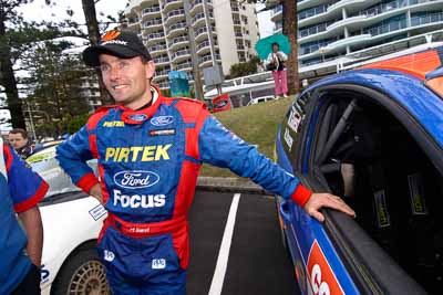 18-June-2006;ARC;Australia;Australian-Rally-Championship;Michael-Guest;Mooloolaba;QLD;Queensland;Sunshine-Coast;atmosphere;auto;ceremonial-finish;motorsport;movement;podium;portrait;racing;speed;wide-angle