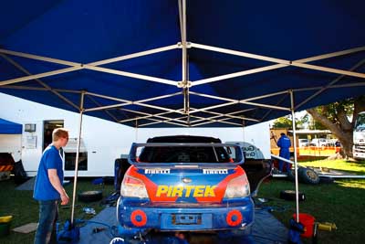 4;21-June-2008;ARC;Australia;Australian-Rally-Championship;David-Green;Michael-Guest;QLD;Queensland;Subaru-Impreza-WRX;Sunshine-Coast;auto;motorsport;movement;racing;service-park;speed;wide-angle