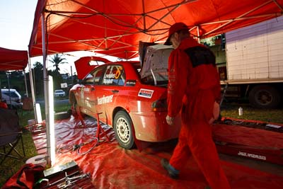 6;21-June-2008;ARC;Australia;Australian-Rally-Championship;Chris-Randell;Evo-9;Mitsubishi-Lancer;Mitsubishi-Lancer-Evolution-IX;QLD;Queensland;Spencer-Lowndes;Sunshine-Coast;atmosphere;auto;motorsport;movement;racing;service-park;speed;wide-angle