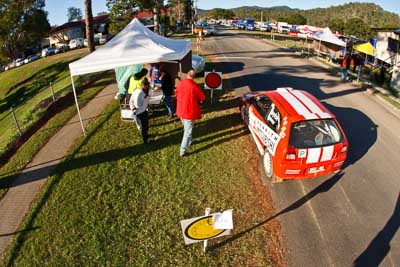 22;22-June-2008;ARC;Australia;Australian-Rally-Championship;Imbil;Mitsubishi-Mirage;Molly-Taylor;QLD;Queensland;Sunshine-Coast;Toni-Feaver;auto;fisheye;motorsport;racing;service-park