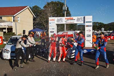 22-June-2008;ARC;Australia;Australian-Rally-Championship;Chris-Murphy;Coral-Taylor;David-Green;Eli-Evans;Imbil;Michael-Guest;Neal-Bates;QLD;Queensland;Sunshine-Coast;afternoon;auto;motorsport;official-finish;podium;racing;wide-angle