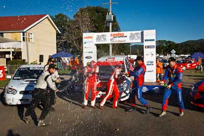 22-June-2008;ARC;Australia;Australian-Rally-Championship;Chris-Murphy;Coral-Taylor;David-Green;Eli-Evans;Imbil;Michael-Guest;Neal-Bates;QLD;Queensland;Sunshine-Coast;afternoon;auto;motorsport;official-finish;podium;racing;wide-angle